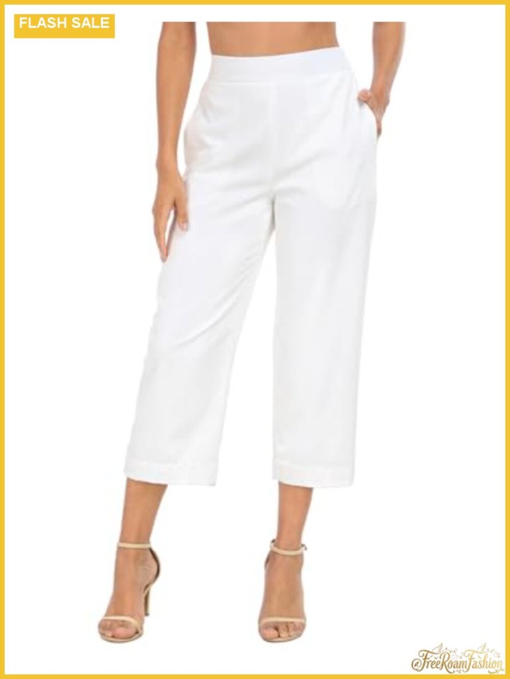 Linen Blend Pull On High Waisted Capri Pants Cropped Summer Beach